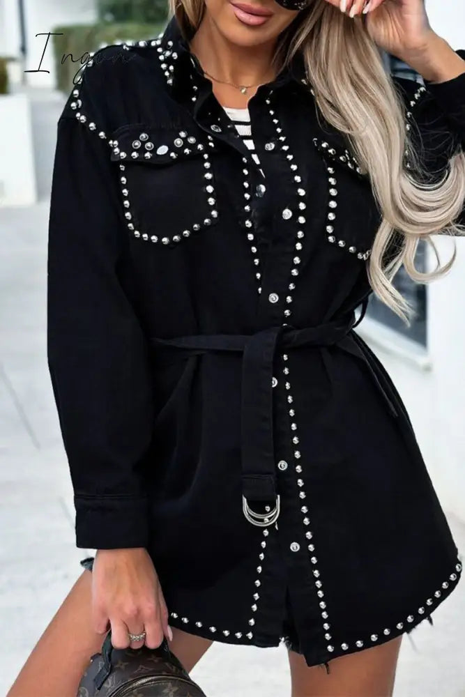Ingvn - Casual Punk Solid Rivets Turndown Collar Long Sleeve Loose Denim Jacket Black / S