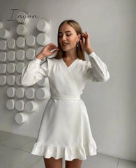 Ingvn - Casual Ruffle Mini Dress Ladies Elegant Long Sleeve V - Neck Party New Fashion Solid Sweet
