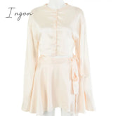 Ingvn - Casual Satin Two Piece Dress Set For Women White O-Neck Button Top Bandage Mini Pencil
