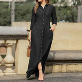 Ingvn - Casual Shirt Dress Women Turn-Down Collar Long Dresses Office Ladies Single Breasted Maxi