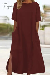 Ingvn - Casual Simplicity Leopard Pocket Slit O Neck Short Sleeve Dresses Dresses/Casual
