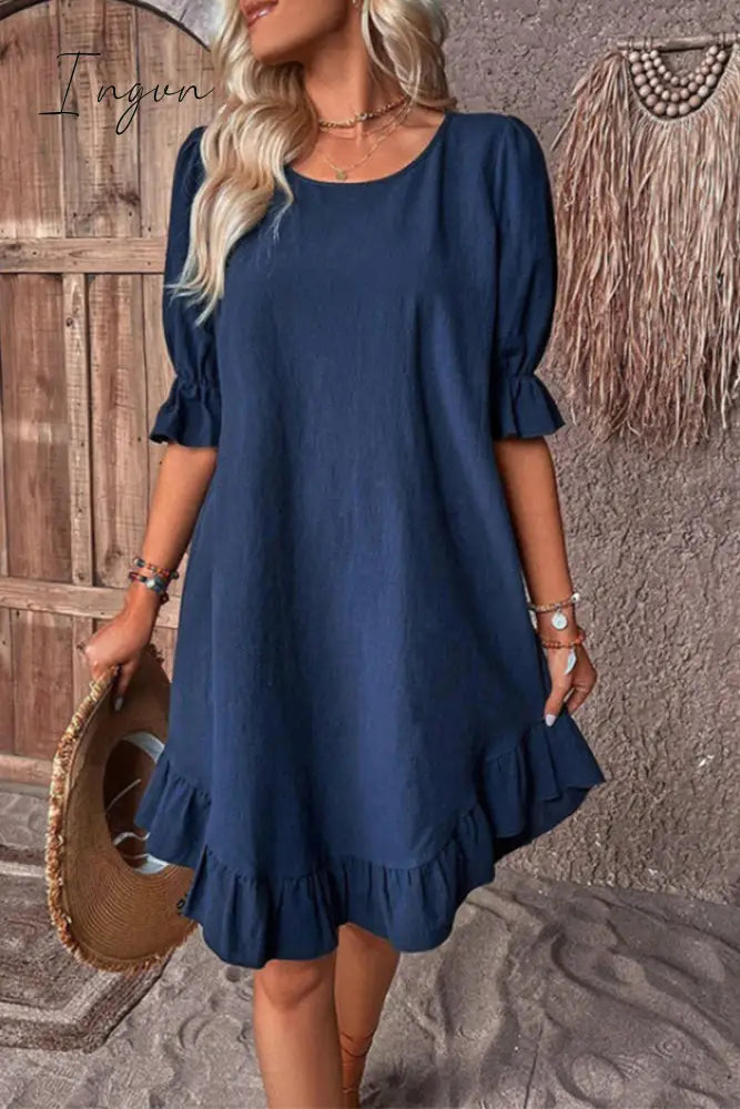 Ingvn - Casual Simplicity Solid Asymmetrical O Neck A Line Dresses Dresses/Casual