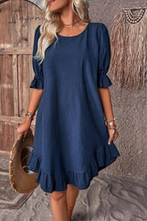 Ingvn - Casual Simplicity Solid Asymmetrical O Neck A Line Dresses Deep Blue / S Dresses/Casual