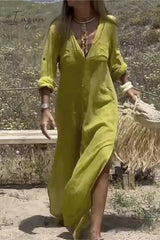 Ingvn - Casual Simplicity Solid Buttons Slit Mandarin Collar Long Sleeve Dresses Dresses/Casual