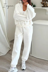 Ingvn - Casual Simplicity Solid Draw String Hooded Collar Long Sleeve Two Pieces Pieces/Two-Piece