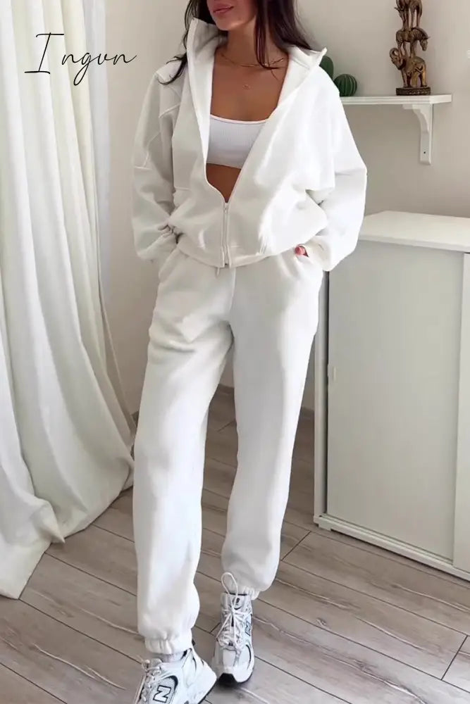 Ingvn - Casual Simplicity Solid Draw String Hooded Collar Long Sleeve Two Pieces White / S