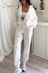 Ingvn - Casual Simplicity Solid Draw String Hooded Collar Long Sleeve Two Pieces White / S