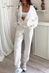 Ingvn - Casual Simplicity Solid Draw String Hooded Collar Long Sleeve Two Pieces White / S
