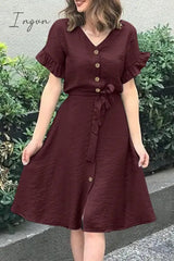 Ingvn - Casual Simplicity Solid Frenulum Buckle Flounce V Neck A Line Dresses Dresses/Casual
