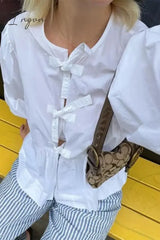 Ingvn - Casual Simplicity Solid Frenulum O Neck Tops White / S Tops/Blouses & Shirts