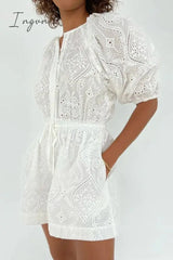 Ingvn - Casual Simplicity Solid Hollowed Out Draw String Pocket O Neck Loose Rompers Jumpsuits &