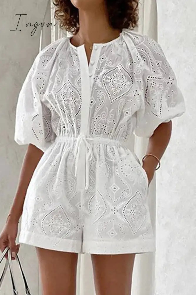 Ingvn - Casual Simplicity Solid Hollowed Out Draw String Pocket O Neck Loose Rompers Jumpsuits &