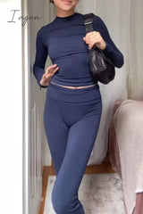 Ingvn - Casual Simplicity Solid O Neck Long Sleeve Two Pieces Dark Blue / S Pieces/Two-Piece Pants