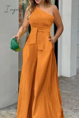 Ingvn - Casual Simplicity Solid Pocket Frenulum Asymmetrical Oblique Collar Loose Jumpsuits &