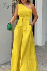 Ingvn - Casual Simplicity Solid Pocket Frenulum Asymmetrical Oblique Collar Loose Jumpsuits &