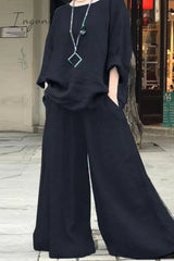 Ingvn - Casual Simplicity Solid Pocket O Neck Long Sleeve Two Pieces Black / S Pieces/Two-Piece