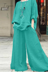 Ingvn - Casual Simplicity Solid Pocket O Neck Long Sleeve Two Pieces Green / S Pieces/Two-Piece