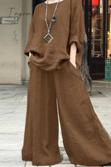 Ingvn - Casual Simplicity Solid Pocket O Neck Long Sleeve Two Pieces Khaki / S Pieces/Two-Piece