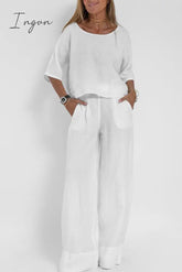 Ingvn - Casual Simplicity Solid Pocket O Neck Three Quarter Two Pieces White / S Pieces/Two-Piece