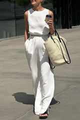Ingvn- Casual Simplicity Solid Pocket Slit O Neck Sleeveless Two Pieces Pieces/Two-Piece Pants Set