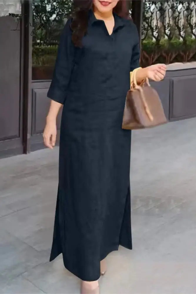 Ingvn - Casual Simplicity Solid Pocket Turndown Collar Shirt Dress Dresses Dresses/Casual