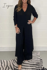 Ingvn - Casual Simplicity Solid Slit V Neck Long Sleeve Two Pieces(6 Colors) Black / S