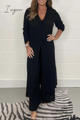 Ingvn - Casual Simplicity Solid Slit V Neck Long Sleeve Two Pieces(6 Colors) Black / S