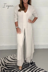 Ingvn - Casual Simplicity Solid Slit V Neck Long Sleeve Two Pieces(6 Colors) White / S