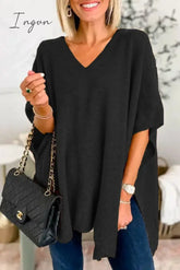 Ingvn - Casual Simplicity Solid Slit V Neck Tops Black / S Tops/Sweaters & Cardigans