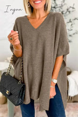 Ingvn - Casual Simplicity Solid Slit V Neck Tops Coffee / S Tops/Sweaters & Cardigans