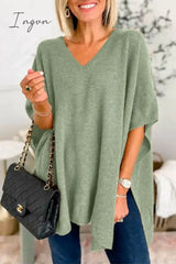 Ingvn - Casual Simplicity Solid Slit V Neck Tops Green / S Tops/Sweaters & Cardigans