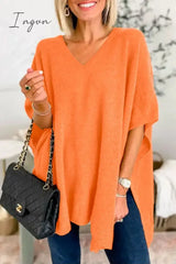 Ingvn - Casual Simplicity Solid Slit V Neck Tops Tangerine Red / S Tops/Sweaters & Cardigans