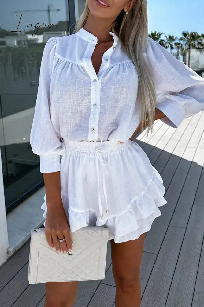 Ingvn - Casual Simplicity Solid Stringy Selvedge Long Sleeve Two Pieces(5 Colors) Pieces/Two-Piece