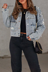 Ingvn - Casual Solid Beading Turndown Collar Long Sleeve Denim Jacket Denim/Denim