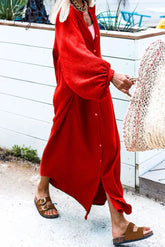 Ingvn - Casual Solid Buckle O Neck Long Sleeve Dresses(3 Colors) Red / S Dresses/Casual Dresses