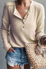 Ingvn - Casual Solid Buttons O Neck Tops Khaki / S Tops/Long Sleeve