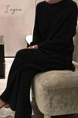 Ingvn - Casual Solid Color O Neck Long Sleeve Two Pieces(5 Colors) Black / S Pieces/Two-Piece Pants
