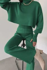 Ingvn - Casual Solid Color Turtleneck Long Sleeve Two Pieces Pieces/Two-Piece Pants Set