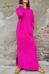 Ingvn - Casual Solid Draw String Pocket Hooded Collar Long Sleeve Dresses Dresses/Casual