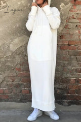 Ingvn - Casual Solid Draw String Pocket Hooded Collar Long Sleeve Dresses White / S Dresses/Casual