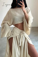 Ingvn - Casual Solid Frenulum Flounce Slit O Neck Long Sleeve Two Pieces Pieces/Two-Piece Pants Set