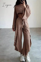 Ingvn - Casual Solid Frenulum Flounce Slit O Neck Long Sleeve Two Pieces Pieces/Two-Piece Pants Set