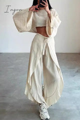 Ingvn - Casual Solid Frenulum Flounce Slit O Neck Long Sleeve Two Pieces Pieces/Two-Piece Pants Set