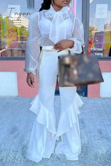 Ingvn - Casual Solid Frenulum See-Through With Bow Long Sleeve Two Pieces Pieces/Two-Piece Pants Set