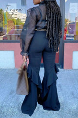 Ingvn - Casual Solid Frenulum See-Through With Bow Long Sleeve Two Pieces Pieces/Two-Piece Pants Set