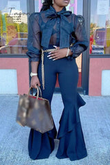 Ingvn - Casual Solid Frenulum See-Through With Bow Long Sleeve Two Pieces Pieces/Two-Piece Pants Set