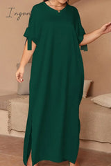 Ingvn - Casual Solid Frenulum Slit O Neck Long Dress Plus Size Dresses Size/Plus
