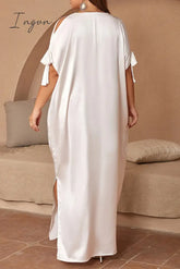 Ingvn - Casual Solid Frenulum Slit O Neck Long Dress Plus Size Dresses Size/Plus