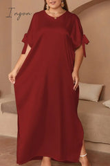 Ingvn - Casual Solid Frenulum Slit O Neck Long Dress Plus Size Dresses Deep Red / 0Xl Size/Plus