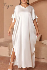 Ingvn - Casual Solid Frenulum Slit O Neck Long Dress Plus Size Dresses White / 0Xl Size/Plus